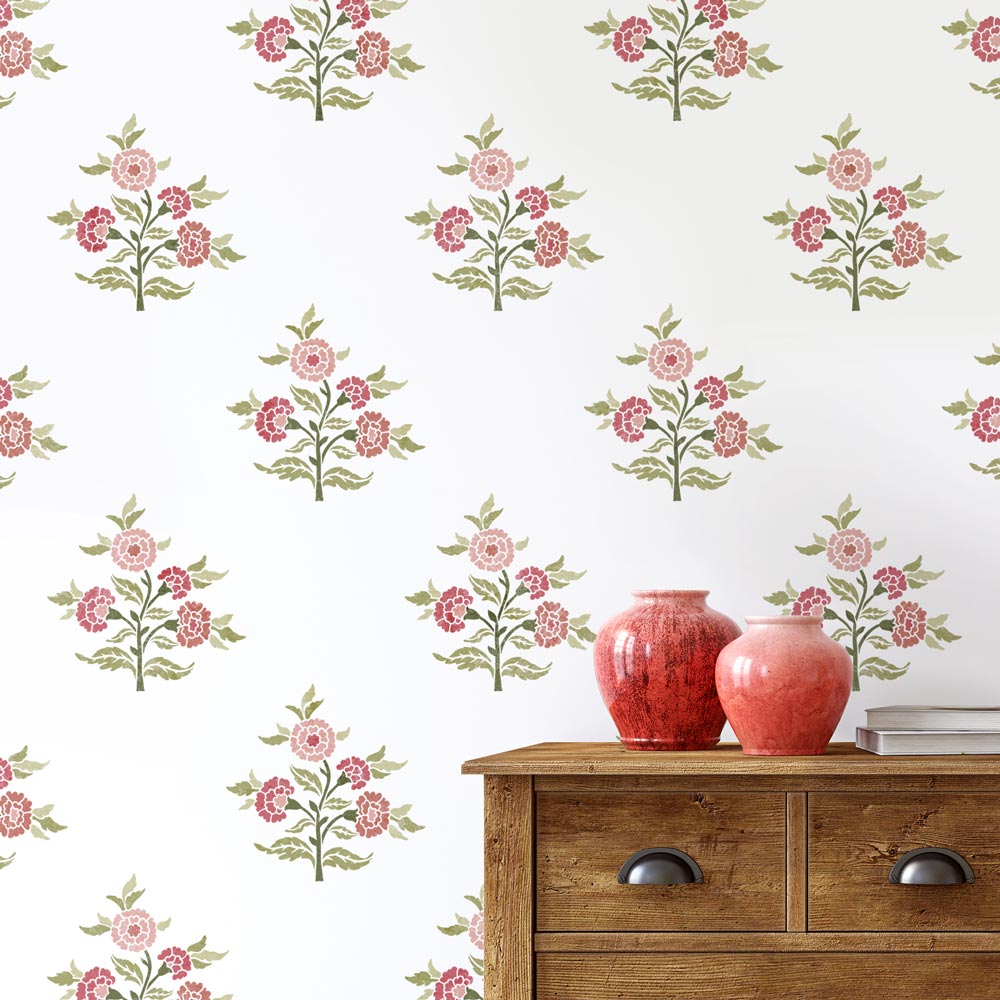 colorful blockprint carnation stencil pattern for walls