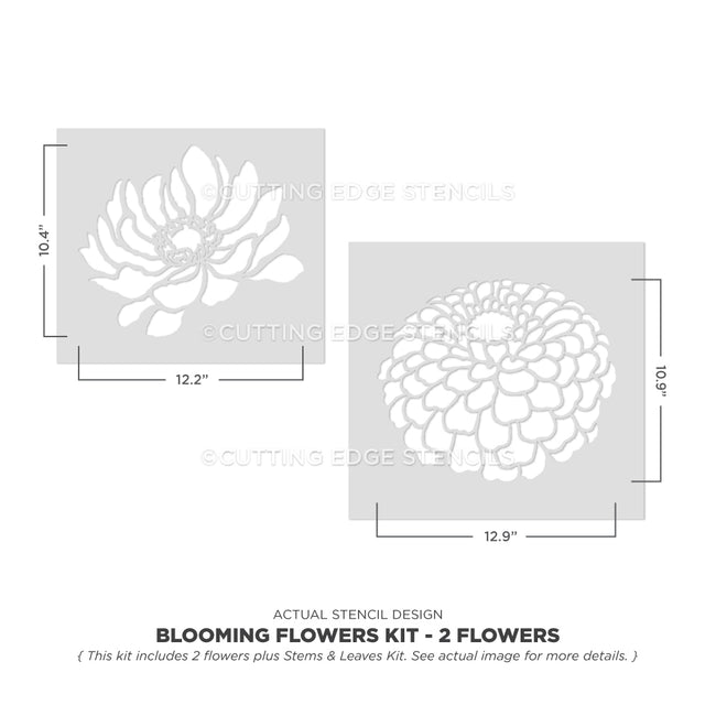 Two floral stencils with dimensions on a white background, featuring 'Cutting Edge Stencils' branding.