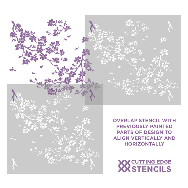 alignment graphic for the blossoming magnolia branches stencil from cutting edge stencils