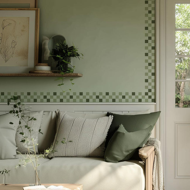 Cozy living room with a sofa adorned with cushions, a plant on a shelf, and a stenciled checkered trim.