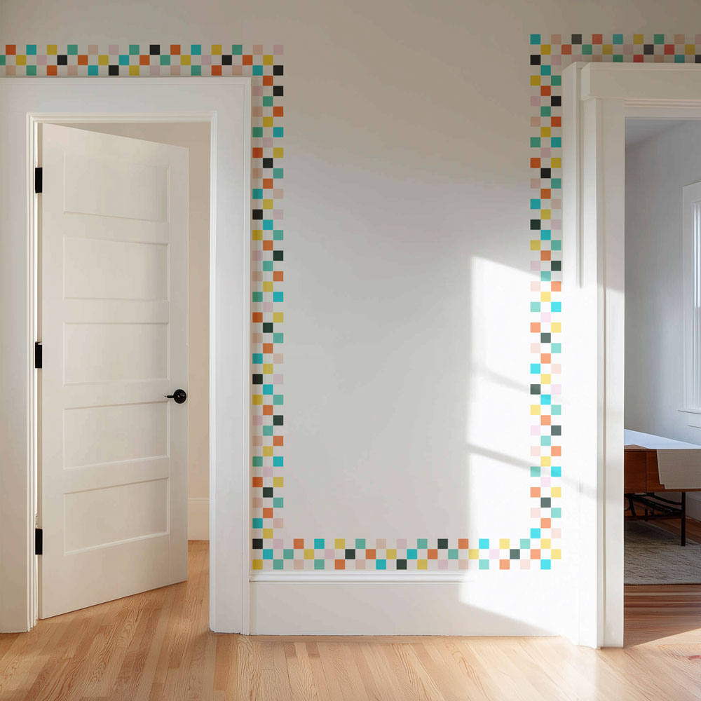 colorful checkered trim stenciled around baseboards and trim