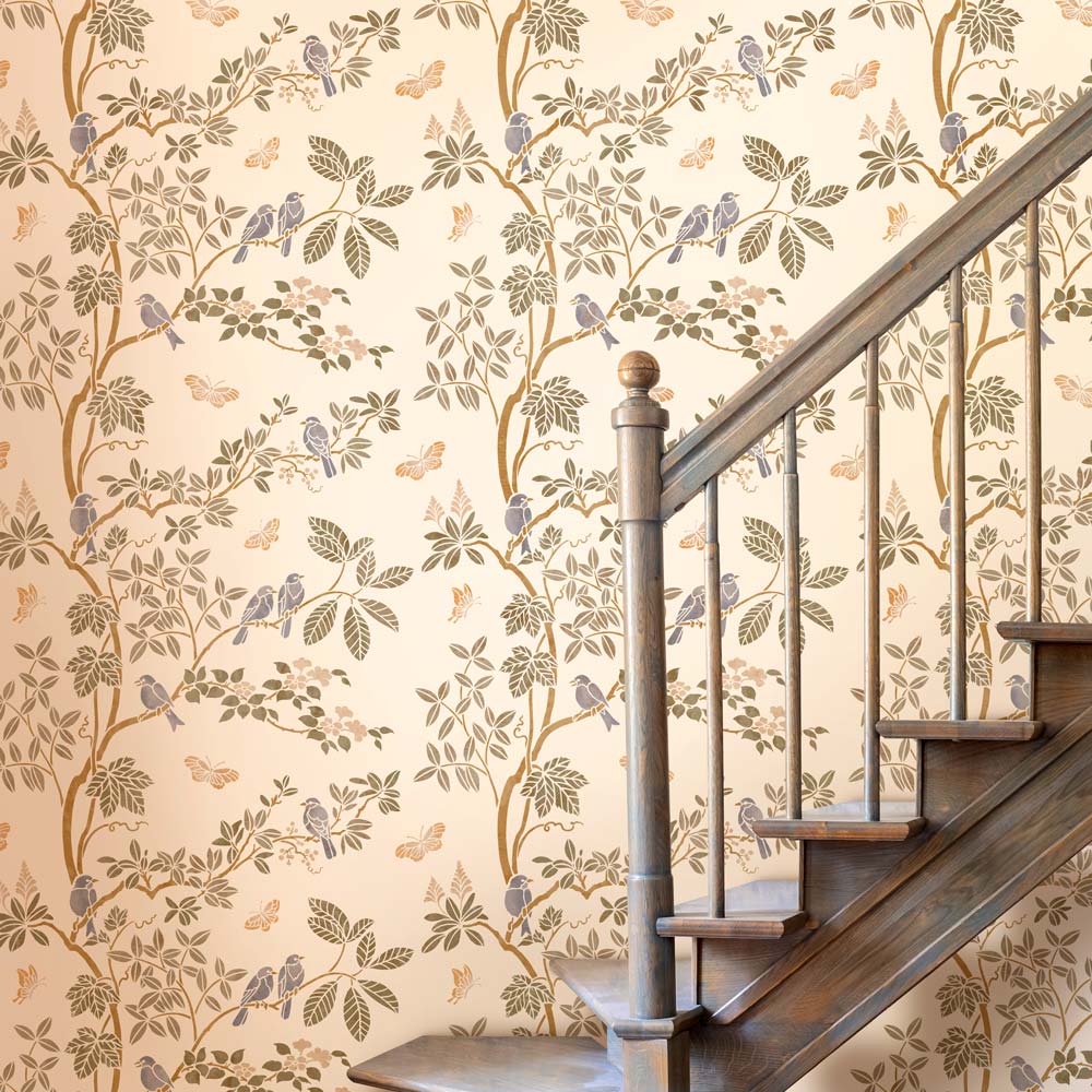 chinoiserie birds in the garden wall stencil