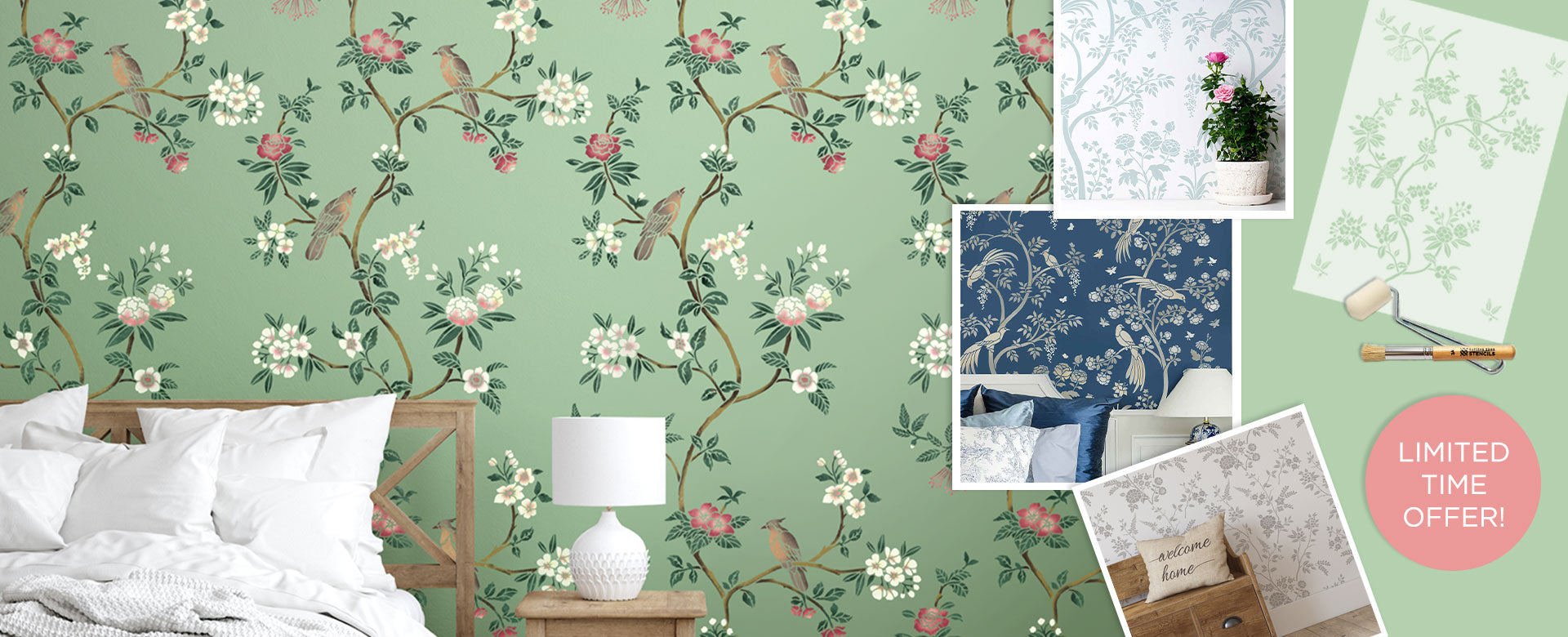 colorful chinoiserie stenciled bedroom wall