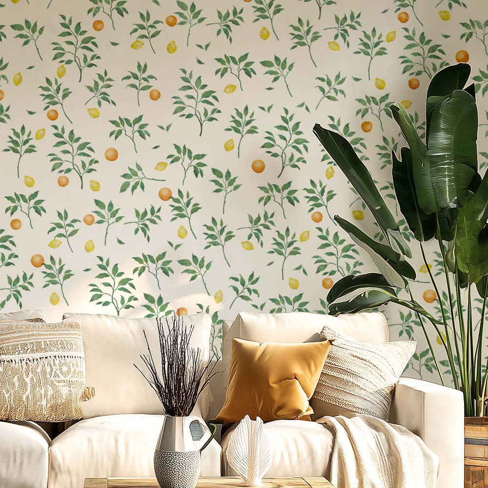 Living room with citrus floral stenciling, white sofa, and decorative elements.