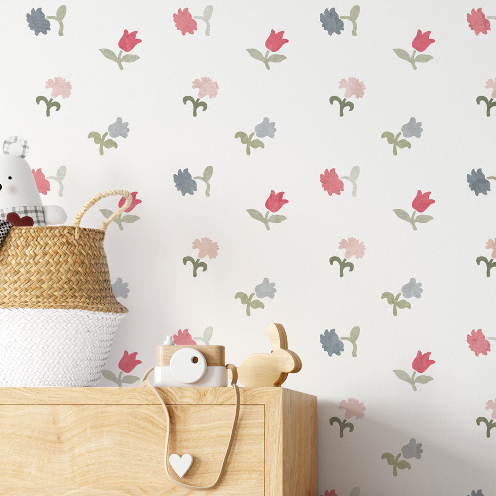 white nursery wall with multicolor cottage charm floral stencil