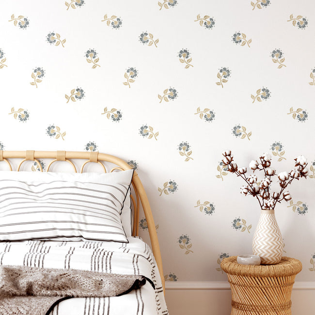 cottage pinks flower wall stencil on white bedroom wall