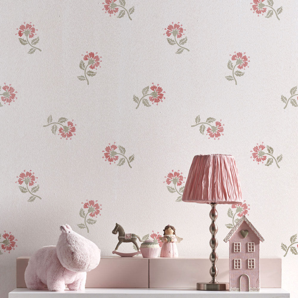 floral wall stencil cottage pinks on a pink wall