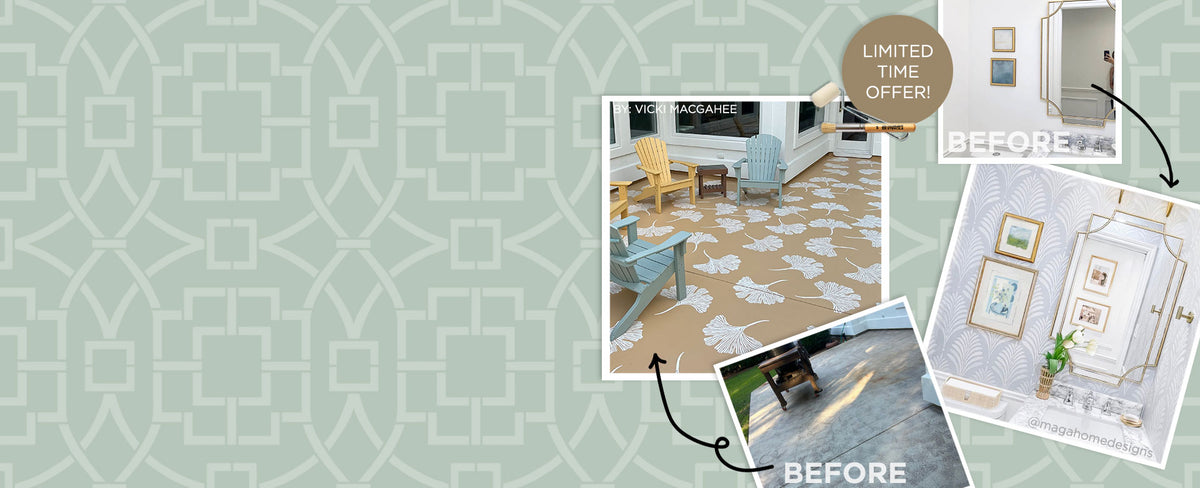 A promotional stencil collage with a pale green geometric patterned background, featuring four inset room photos labeled BEFORE and AFTER, a brown circular badge reading LIMITED TIME OFFER!, and arrows pointing to the results.