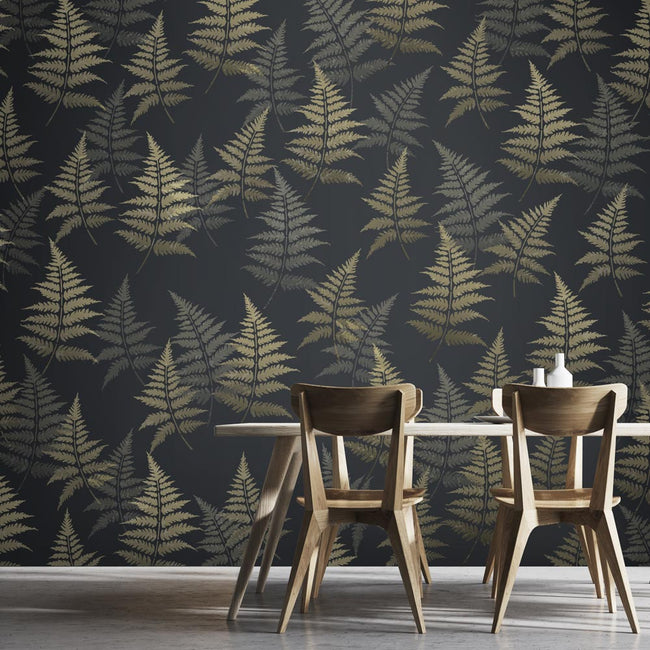 large fern leaf wall stencils in metallic gold on a dark charcoal background
