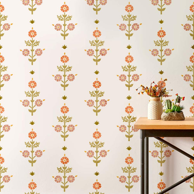 folk marigold stencil pattern for walls
