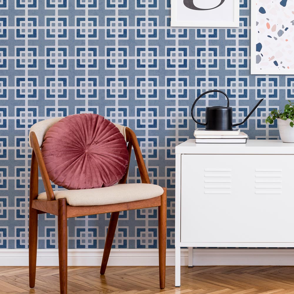 blue geometric stenciled wall pattern