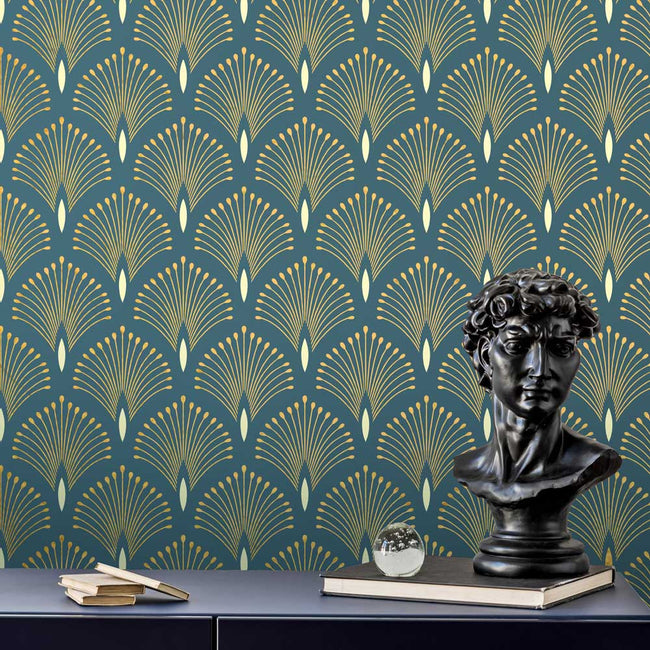 golden plumes wall stencil in metallic gold on a dark green wall