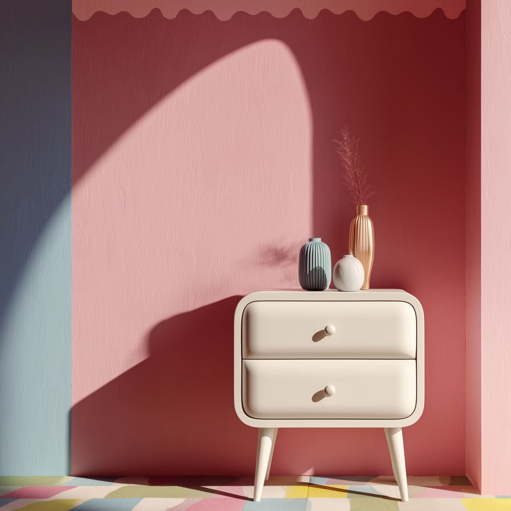 Beige side table with decorative vases against a pink wall