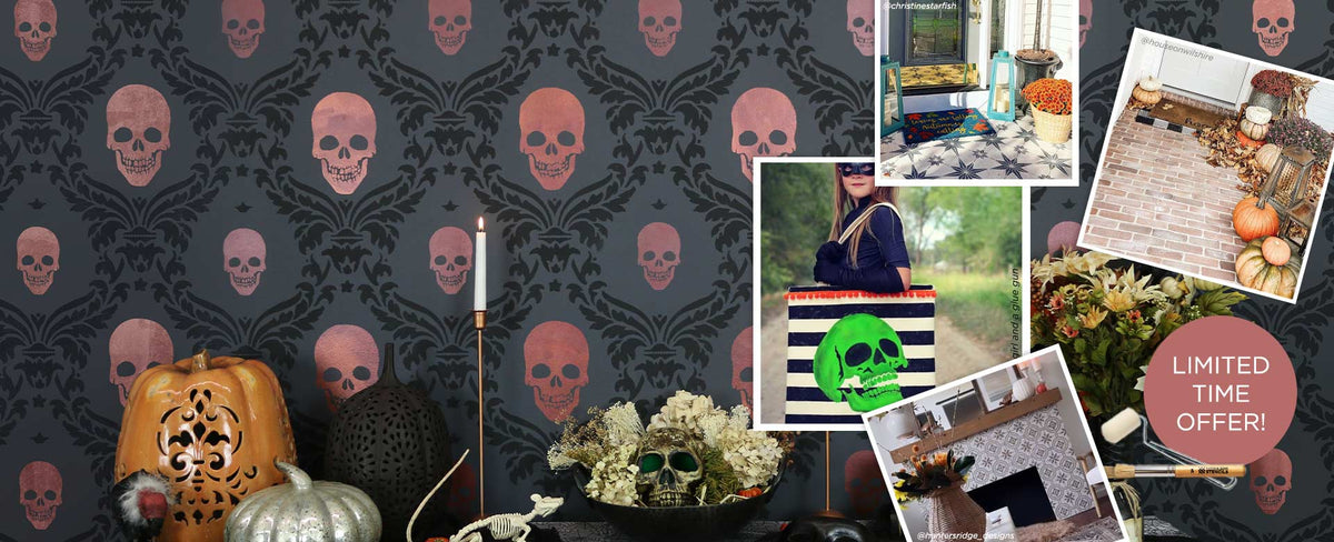 Halloween-themed collage with pumpkins, skulls, and decorative items on a dark background.