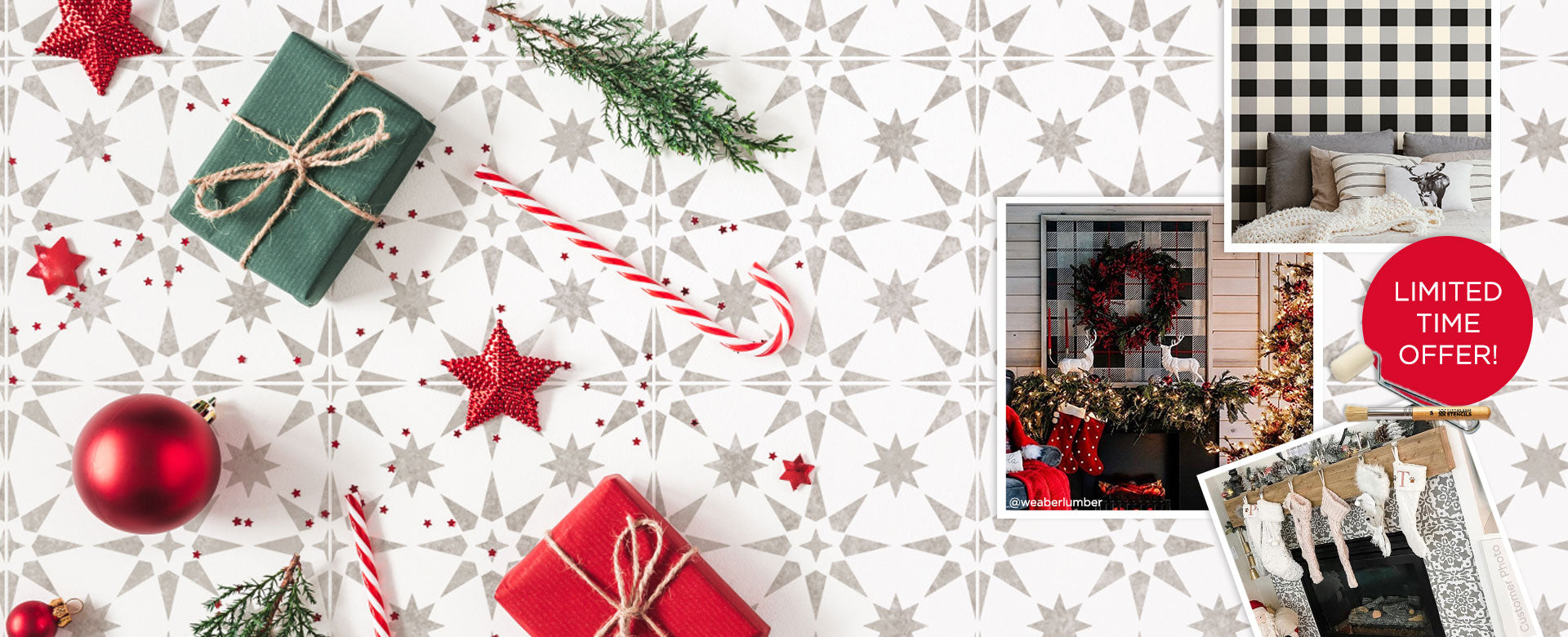 Christmas-themed collage with presents, ornaments, and promotional text on a stenciled patterned background.