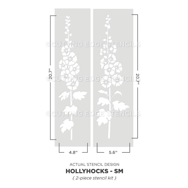 A stencil design diagram showing two tall rectangular stencil panels with white hollyhock flower silhouettes on a light gray background. Black measurement lines and text indicate dimensions.