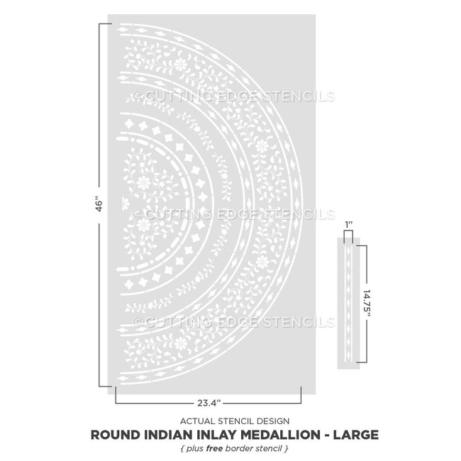Round Indian Inlay Medallion stencil with dimensions on a white background