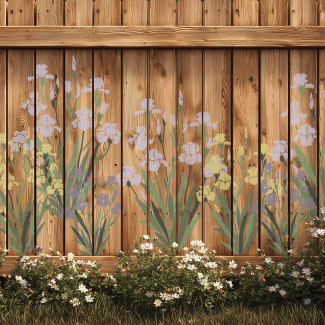 Iris Flower stencils in yellow and purple featured on an outdoor wooden fence.
