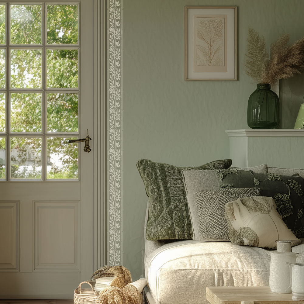 Laurel leaf stencil border in a Living room with a white sofa with green and beige patterned cushions, a vase on a shelf, and a door with a leafy stenciled trim