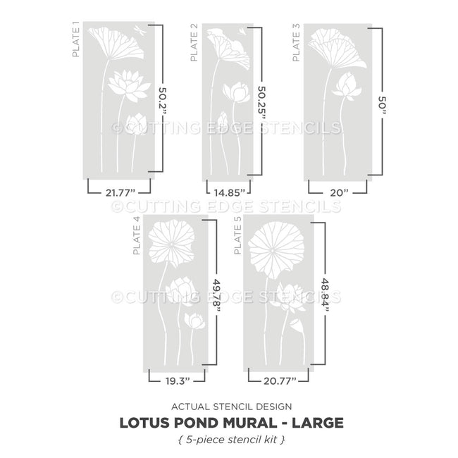 A product information graphic for a lotus pond mural stencil kit, showing five stencil plates labeled Plate 1 through Plate 5 with dimensions, plus text reading 'LOTUS POND MURAL - LARGE' and '{ 5-piece stencil kit }'. The stencils feature white lotus flower and leaf designs on light gray rectangular backgrounds, with a faint watermark across the image.