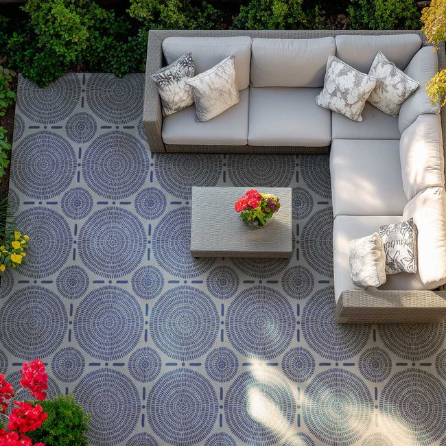 Maloca Patio Stencil on a concrete patio