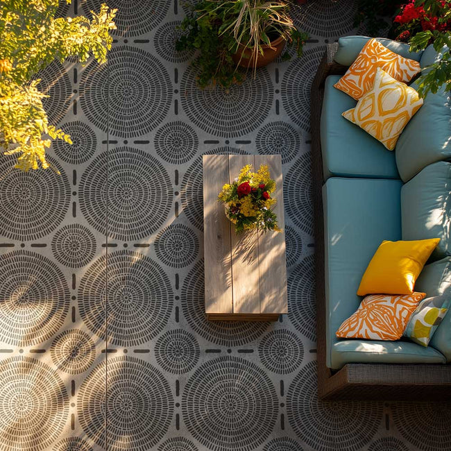 Overhead view of a styled outdoor patio corner featuring a large black and white geometric patterned stenciled tile floor, a light wood coffee table with a flower arrangement, and a blue outdoor sofa with yellow and orange patterned accent pillows.