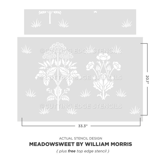 Meadowsweet by William Morris stencil depiction with dimensions