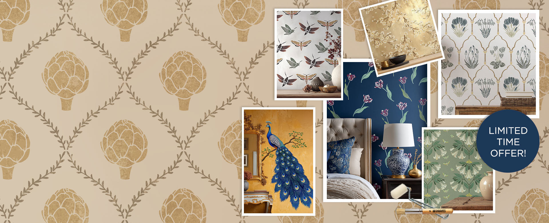 Collection of wall stencil designs with a focus on spring patterns and limited-time offer label.
