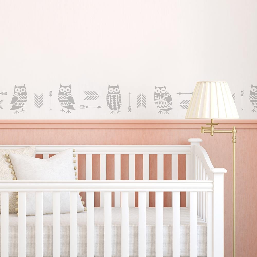 Owls-arrows-stencils-border-nursery-wall-painting-ideas