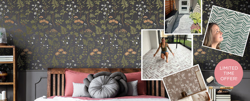 Collage of wall stencil patterns with a bedroom setting and limited time offer text.