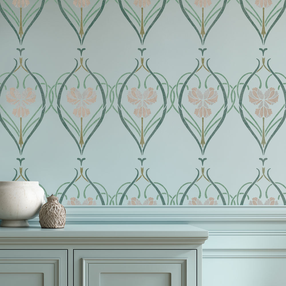 Vintage Floral Wall Stencil on light blue wall