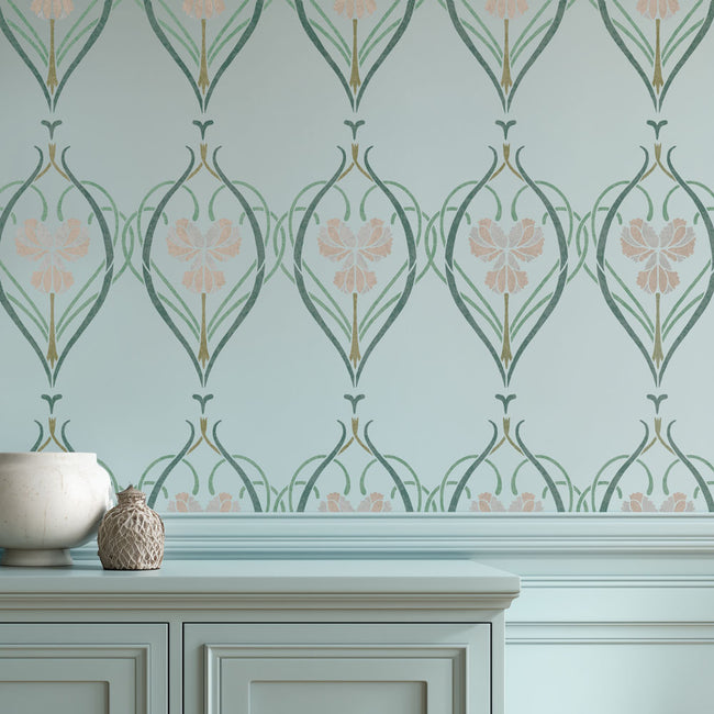 Vintage Floral Wall Stencil on light blue wall