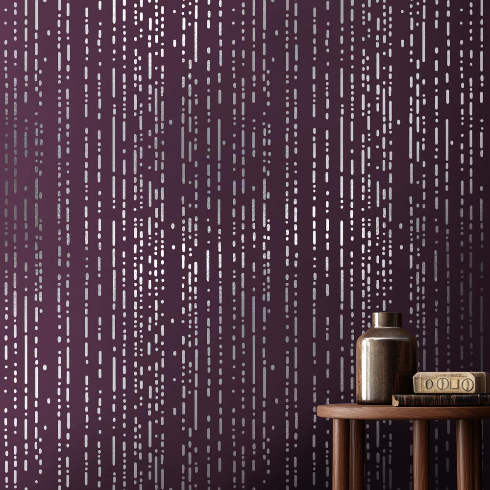 Wall stencil with vertical line pattern on a purple background