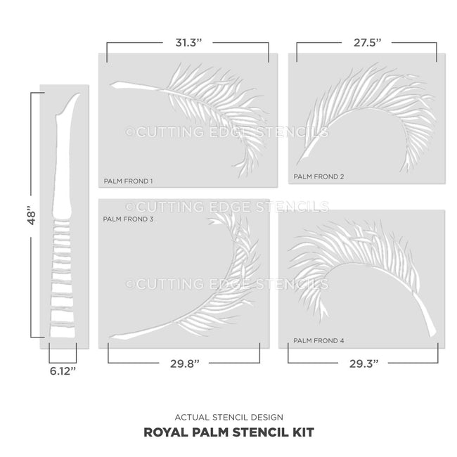 Royal Palm Stencil Kit with dimensions and design details on a white background
