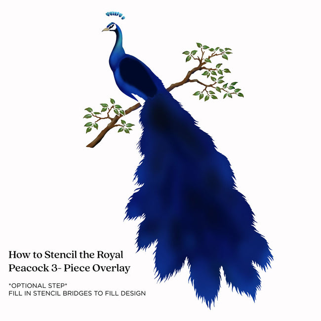 Illustration of a blue peacock with branches on a white background