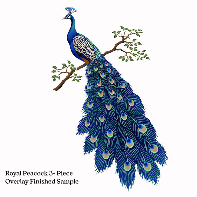 Illustration of a peacock on a branch with leaves, labeled 'Royal Peacock 3-Piece Overlay Finished Sample'.