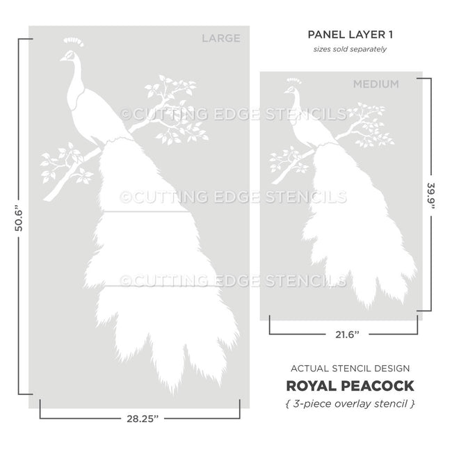 Two stencils of a peacock design with dimensions and brand name on a gray background