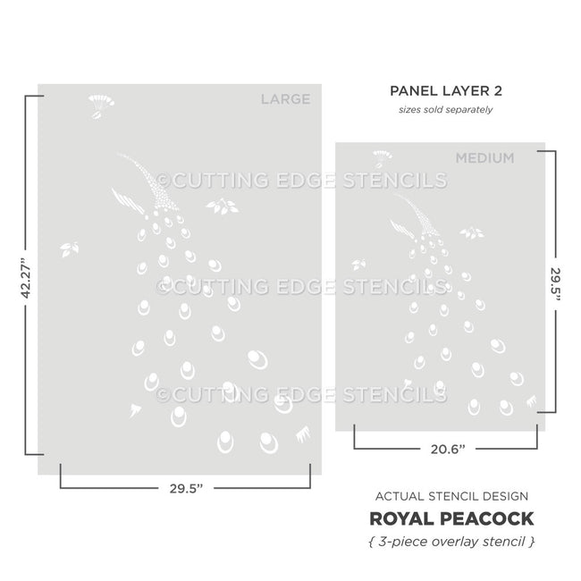 Two stencils labeled 'Large' and 'Medium' with dimensions and branding information.