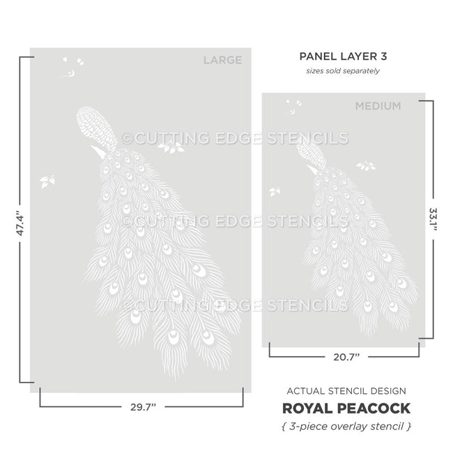 Two stencils labeled 'Large' and 'Medium' with dimensions and branding information.