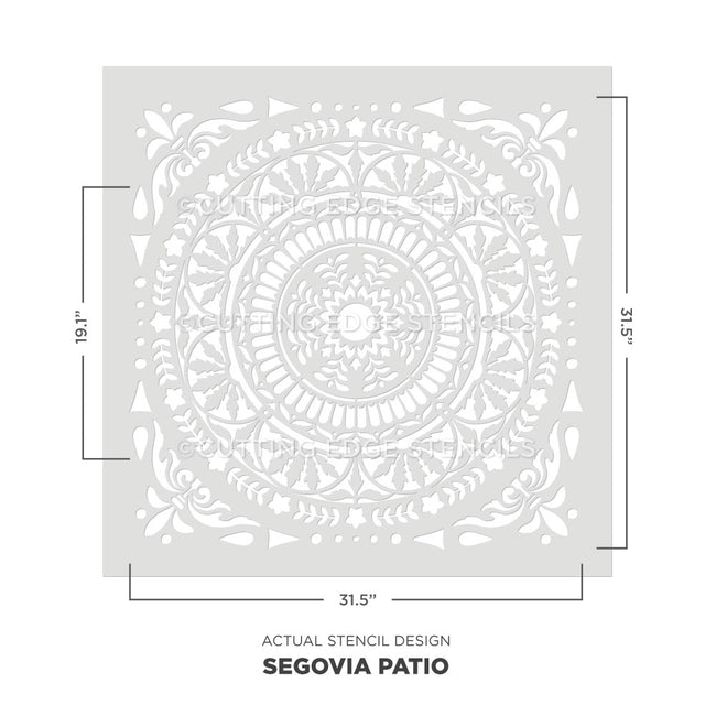 Segovia Patio stencil design with measurements on a white background