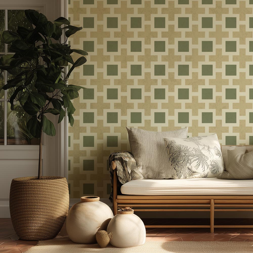 Living room with a patterned stencil wall, wooden sofa, and decorative vases.