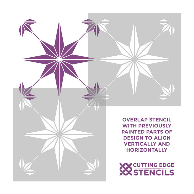 Star-shaped patio stencil with purple and white designs on a gray background, featuring 'Cutting Edge Stencils' branding.