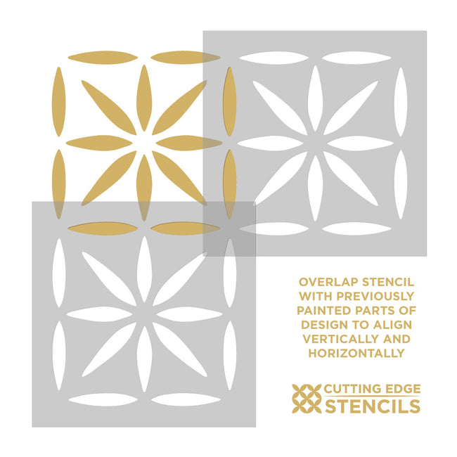 Decorative stencils with geometric patterns on a white background, featuring the brand 'Cutting Edge Stencils'.