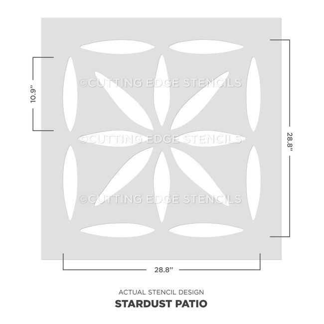 Stardust Patio stencil design with dimensions on a white background