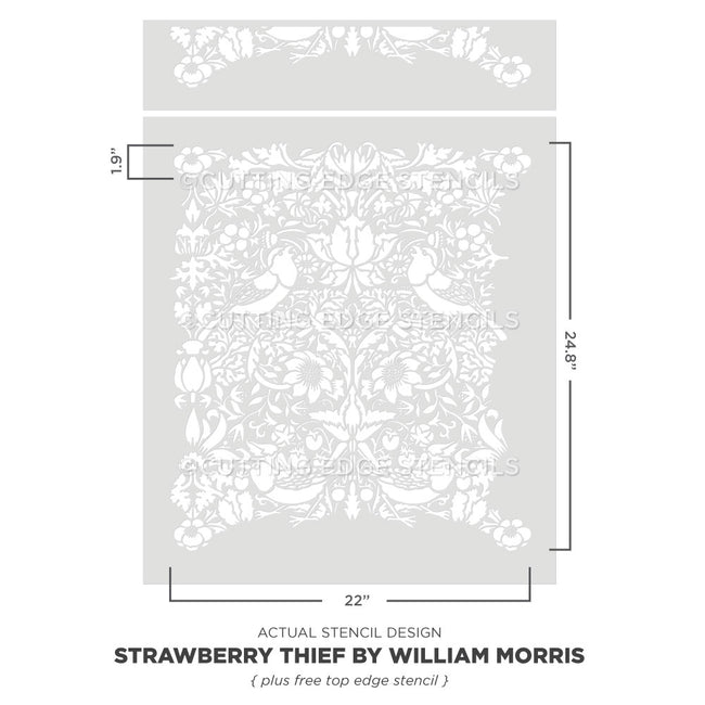 Decorative stencil with floral design and dimensions on a white background