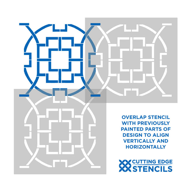 Overlap patio stencil with geometric design for alignment, featuring Cutting Edge Stencils logo.