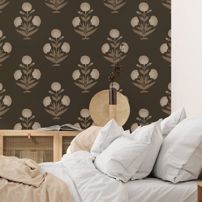 turkish poppy wall stencil dark block print floral bedroom wall