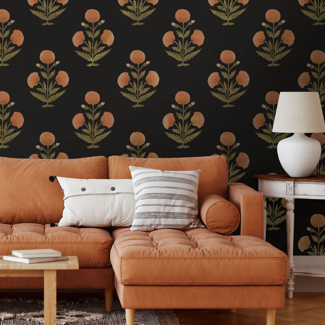 Dark wall stenciled with flowers poppy stencil