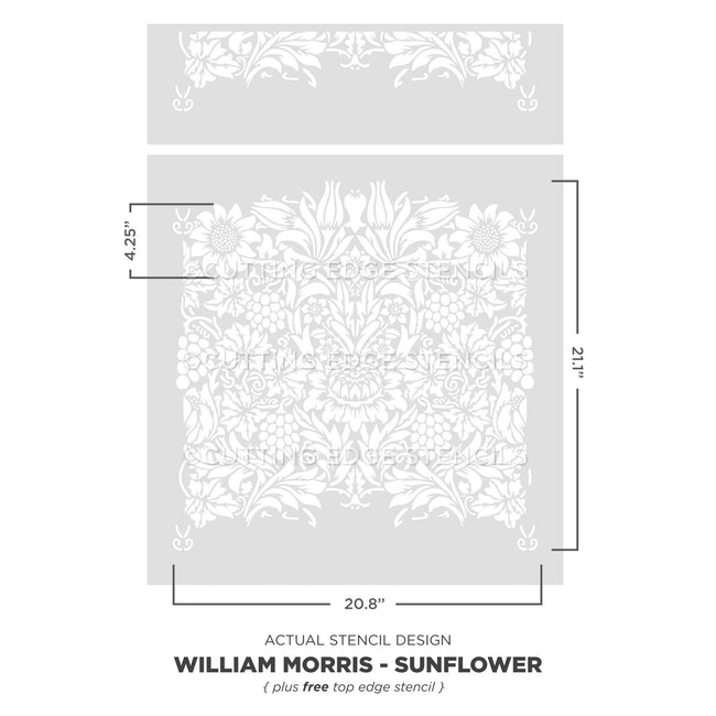 William Morris Sunflower stencil design with dimensions on a gray background