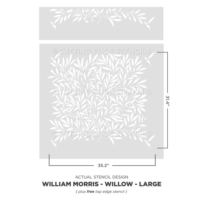 William Morris Willow stencil by Cutting Edge Stencils with dimensions on a white background